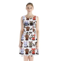 Seamless Pattern With Cute Little Kittens Various Color Sleeveless Waist Tie Chiffon Dress by Simbadda