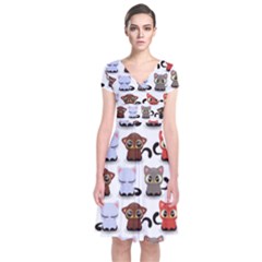 Seamless Pattern With Cute Little Kittens Various Color Short Sleeve Front Wrap Dress by Simbadda