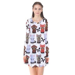 Seamless Pattern With Cute Little Kittens Various Color Long Sleeve V-neck Flare Dress by Simbadda