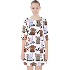 Seamless Pattern With Cute Little Kittens Various Color Quarter Sleeve Pocket Dress by Simbadda