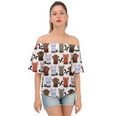 Seamless Pattern With Cute Little Kittens Various Color Off Shoulder Short Sleeve Top by Simbadda