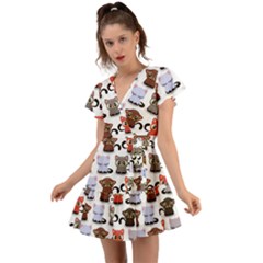 Seamless Pattern With Cute Little Kittens Various Color Flutter Sleeve Wrap Dress by Simbadda