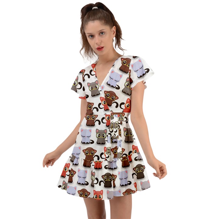 Seamless Pattern With Cute Little Kittens Various Color Flutter Sleeve Wrap Dress