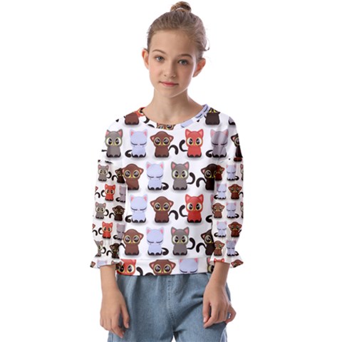 Seamless Pattern With Cute Little Kittens Various Color Kids  Cuff Sleeve Top by Simbadda