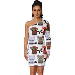 Seamless Pattern With Cute Little Kittens Various Color Long Sleeve One Shoulder Mini Dress by Simbadda