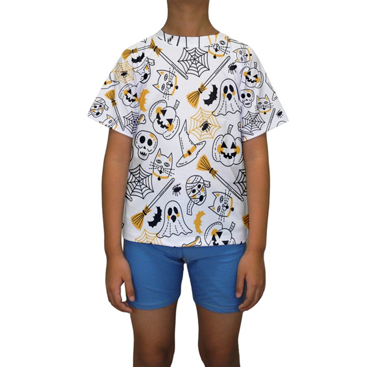 Funny Hand Drawn Halloween Pattern Kids  Short Sleeve Swimwear