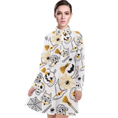 Funny Hand Drawn Halloween Pattern Long Sleeve Chiffon Shirt Dress by Simbadda