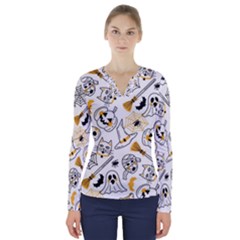 Funny Hand Drawn Halloween Pattern V-neck Long Sleeve Top by Simbadda