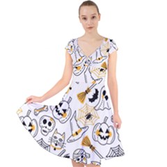 Funny Hand Drawn Halloween Pattern Cap Sleeve Front Wrap Midi Dress