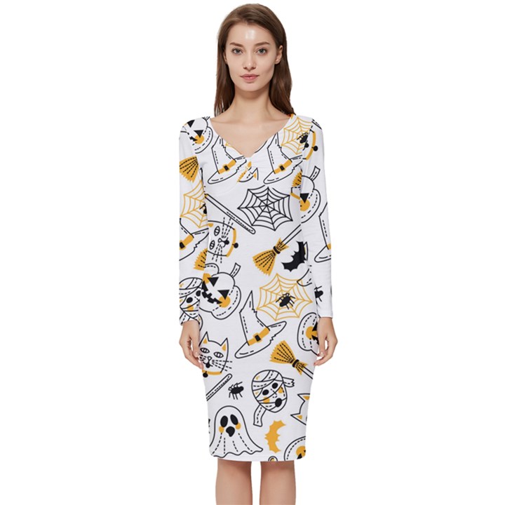 Funny Hand Drawn Halloween Pattern Long Sleeve V-Neck Bodycon Dress 