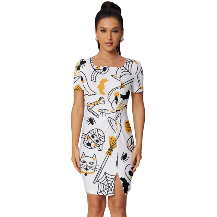 Funny Hand Drawn Halloween Pattern Fitted Knot Split End Bodycon Dress