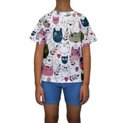 Pattern With Cute Cat Heads Kids  Short Sleeve Swimwear