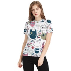 Pattern With Cute Cat Heads Women s Short Sleeve Rash Guard by Simbadda