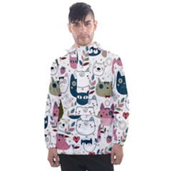 Pattern With Cute Cat Heads Men s Front Pocket Pullover Windbreaker by Simbadda