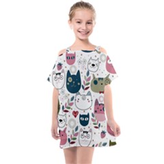 Pattern With Cute Cat Heads Kids  One Piece Chiffon Dress by Simbadda