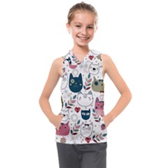 Pattern With Cute Cat Heads Kids  Sleeveless Hoodie by Simbadda