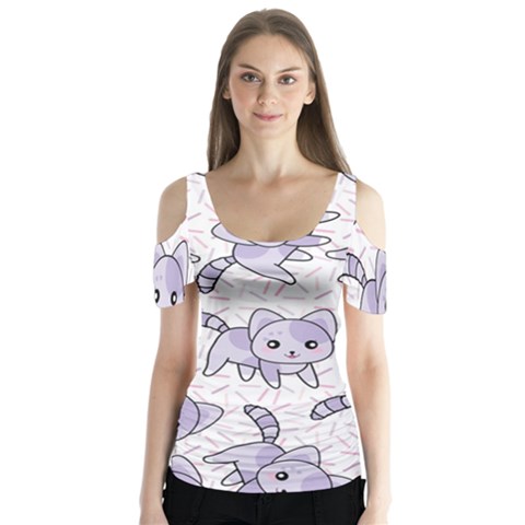 Cats Pattern Design Butterfly Sleeve Cutout Tee  by Simbadda