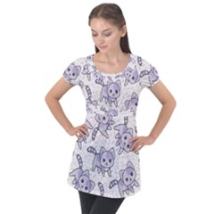 Cats Pattern Design Puff Sleeve Tunic Top by Simbadda