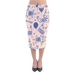 Cute Cats Doodle Seamless Pattern With Funny Characters Velvet Midi Pencil Skirt by Simbadda