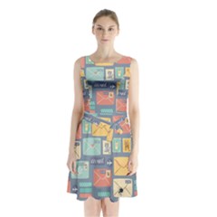 Pattern Postal Stationery Sleeveless Waist Tie Chiffon Dress by Simbadda