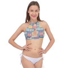 Pattern Postal Stationery Cross Front Halter Bikini Top by Simbadda