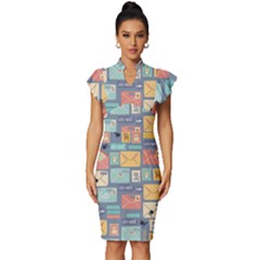 Pattern Postal Stationery Vintage Frill Sleeve V-neck Bodycon Dress by Simbadda