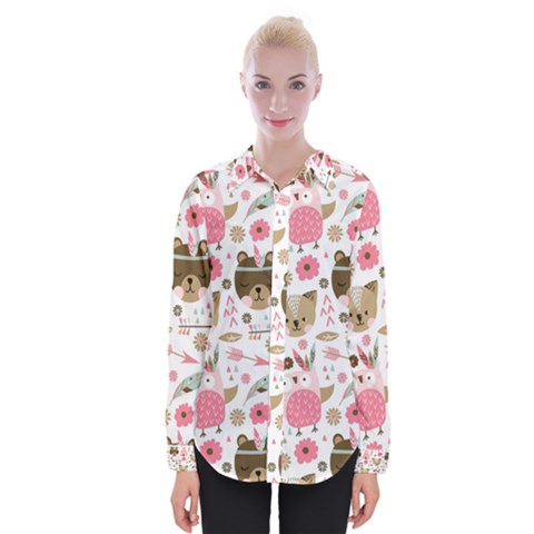 Pink Animals Pattern Womens Long Sleeve Shirt by Simbadda