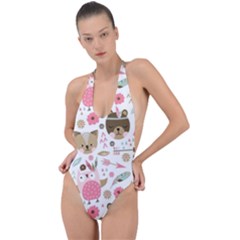 Pink Animals Pattern Backless Halter One Piece Swimsuit by Simbadda