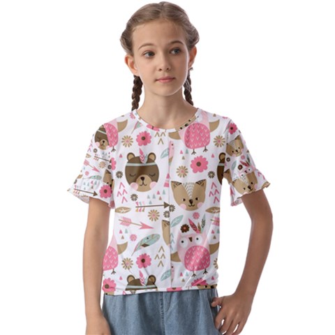 Pink Animals Pattern Kids  Cuff Sleeve Scrunch Bottom Tee by Simbadda