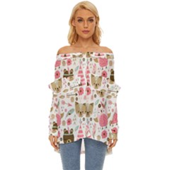 Pink Animals Pattern Off Shoulder Chiffon Pocket Shirt by Simbadda