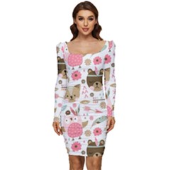 Pink Animals Pattern Women Long Sleeve Ruched Stretch Jersey Dress