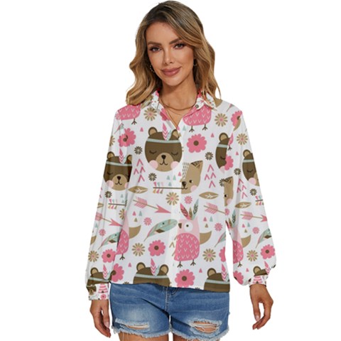 Pink Animals Pattern Women s Long Sleeve Button Up Shirt by Simbadda