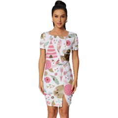 Pink Animals Pattern Fitted Knot Split End Bodycon Dress by Simbadda