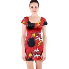 Pop Art Comic Pattern Bomb Boom Explosion Background Short Sleeve Bodycon Dress by Simbadda