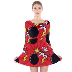 Pop Art Comic Pattern Bomb Boom Explosion Background Long Sleeve Velvet Skater Dress by Simbadda