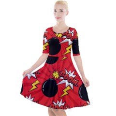 Pop Art Comic Pattern Bomb Boom Explosion Background Quarter Sleeve A-line Dress by Simbadda