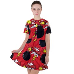 Pop Art Comic Pattern Bomb Boom Explosion Background Short Sleeve Shoulder Cut Out Dress  by Simbadda