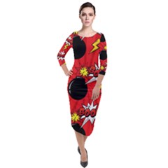 Pop Art Comic Pattern Bomb Boom Explosion Background Quarter Sleeve Midi Velour Bodycon Dress by Simbadda