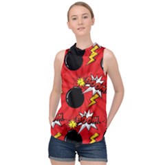 Pop Art Comic Pattern Bomb Boom Explosion Background High Neck Satin Top by Simbadda