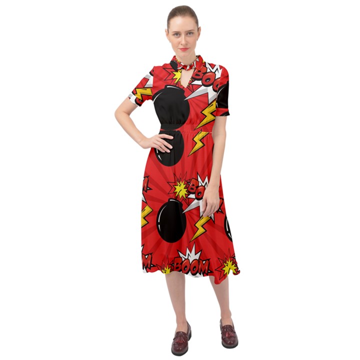 Pop Art Comic Pattern Bomb Boom Explosion Background Keyhole Neckline Chiffon Dress