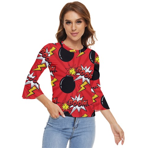 Pop Art Comic Pattern Bomb Boom Explosion Background Bell Sleeve Top by Simbadda