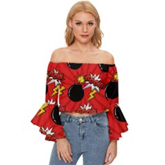 Pop Art Comic Pattern Bomb Boom Explosion Background Off Shoulder Flutter Bell Sleeve Top by Simbadda