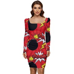 Pop Art Comic Pattern Bomb Boom Explosion Background Women Long Sleeve Ruched Stretch Jersey Dress by Simbadda