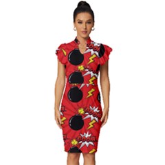 Pop Art Comic Pattern Bomb Boom Explosion Background Vintage Frill Sleeve V-neck Bodycon Dress by Simbadda