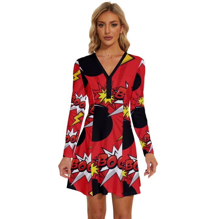 Pop Art Comic Pattern Bomb Boom Explosion Background Long Sleeve Deep V Mini Dress 