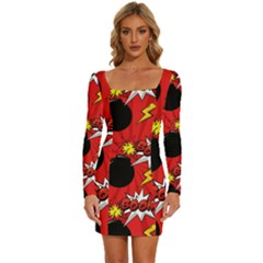 Pop Art Comic Pattern Bomb Boom Explosion Background Long Sleeve Square Neck Bodycon Velvet Dress by Simbadda