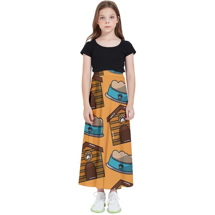 Pet House Bowl Food Seamless Pattern Kids  Flared Maxi Skirt