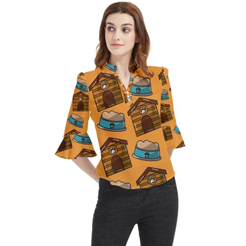 Pet House Bowl Food Seamless Pattern Loose Horn Sleeve Chiffon Blouse by Simbadda