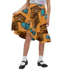 Pet House Bowl Food Seamless Pattern Kids  Ruffle Flared Wrap Midi Skirt by Simbadda