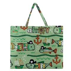 Seamless Pattern Fishes Pirates Cartoon Zipper Large Tote Bag by Simbadda